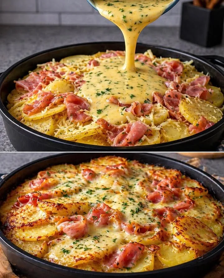 Überbackenes Kartoffelgratin mit Käse und Kartoffeln frisch serviert