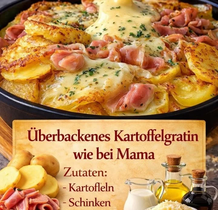 Überbackenes Kartoffelgratin nach Mama's Rezept, goldbraun und cremig.