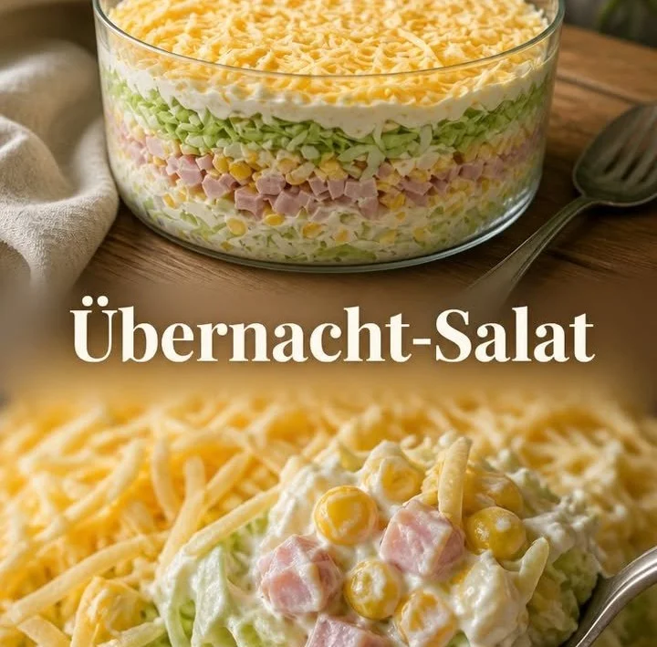 Frischer Übernacht-Salat mit Gemüse und Dressing für gesunde Ernährung