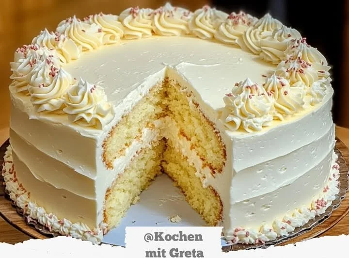 Vanilletorte mit Buttercreme dekoriert auf einem eleganten Tortenteller