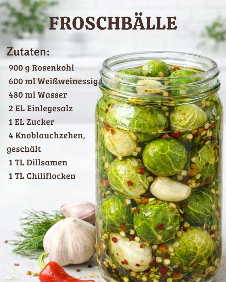Eingelegter Rosenkohl oder Froschbälle in einem Glas für gesunde Ernährung