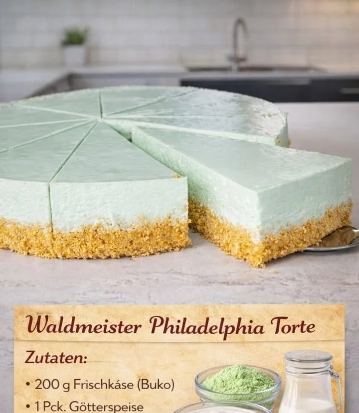 Waldmeister-Philadelphia-Torte auf einem Teller serviert
