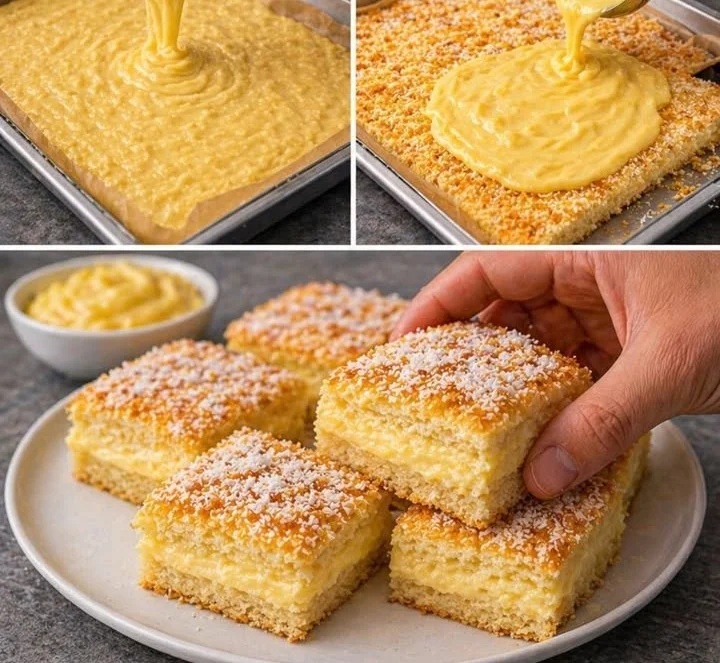 Eine köstliche Portion Wattekuchen mit Vanillepudding auf einem Teller
