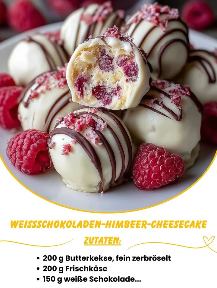 Weißschokoladen-Himbeer-Cheesecake-Bällchen auf einem Teller