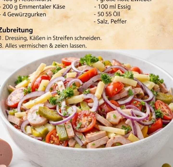 Wurstsalat nach Schweizer Art mit frischen Zutaten und würzigen Aromen
