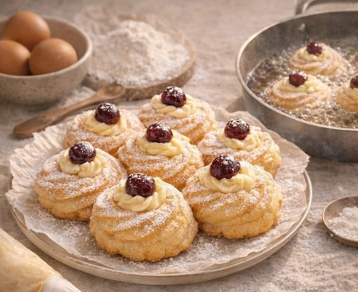 Leckere homemade Zeppole mit Puderzucker und Füllung
