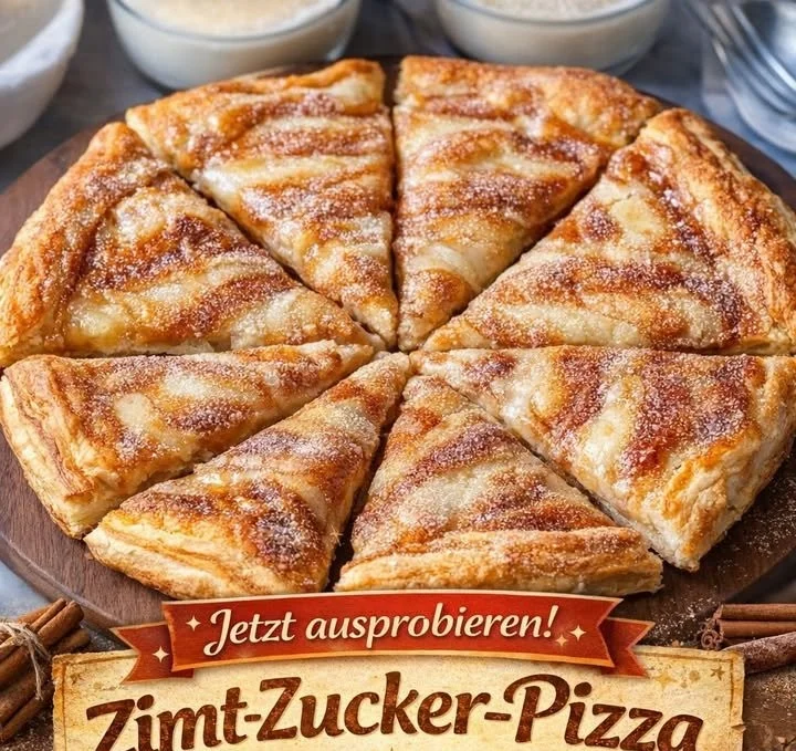 Leckere Zimt-Zucker-Pizza mit goldbrauner Kruste und süßem Zimt-Zucker-Topping