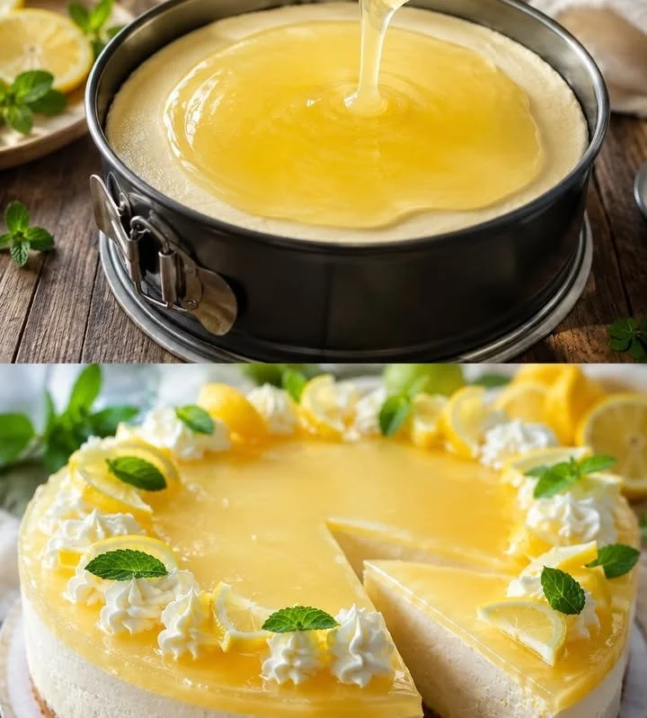 Zitronen-Joghurt-Torte auf einem weißen Teller serviert