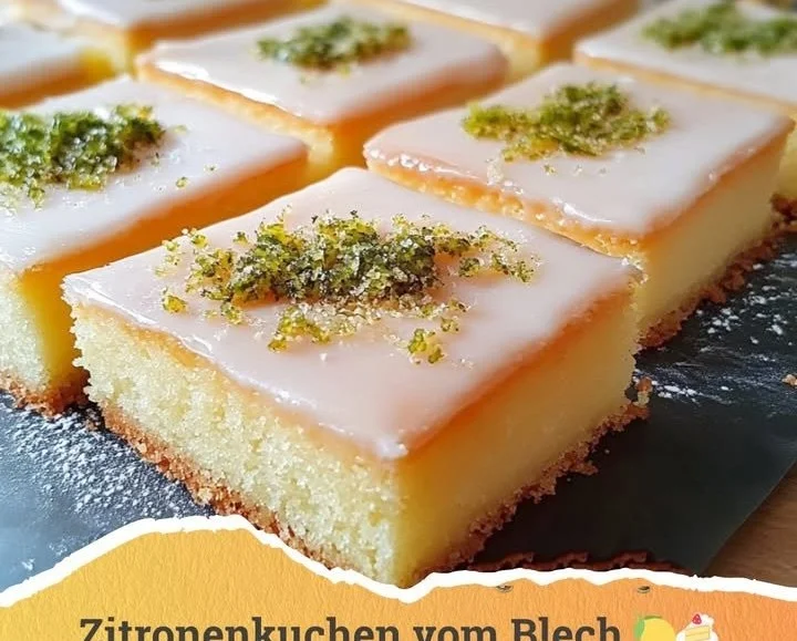 Saftiger Zitronenkuchen mit Zuckerglasur auf einem weißen Teller