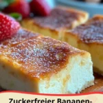 Zuckerfreier Bananen-Joghurt-Kuchen auf einem Teller, mit frischen Bananen dekoriert.