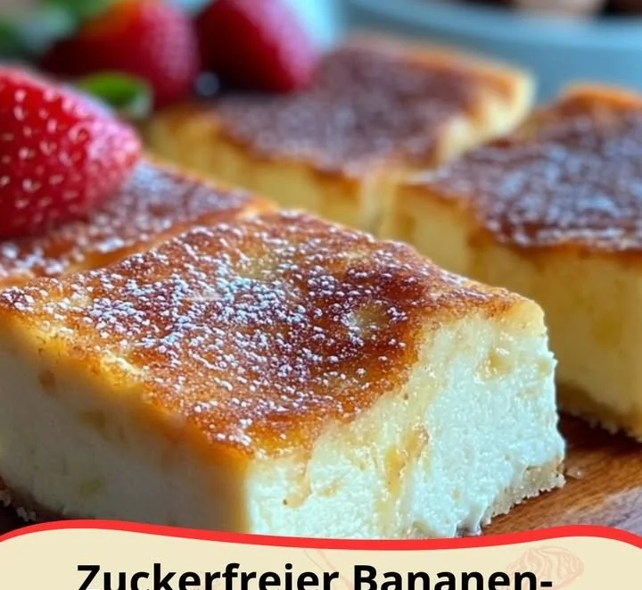 Zuckerfreier Bananen-Joghurt-Kuchen auf einem Teller, mit frischen Bananen dekoriert.