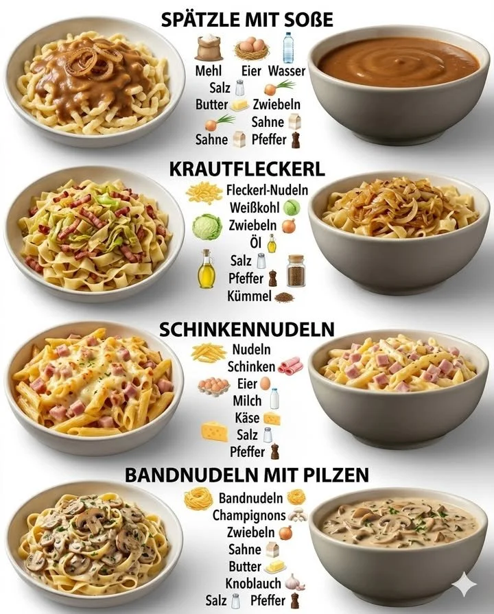 Schüsseln mit Spätzle und Soße auf einem Tisch