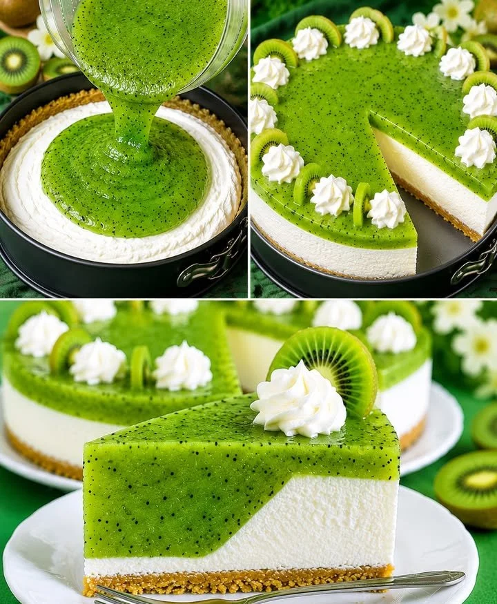 Schnelle Kiwi Torte mit Frischkäse ohne Backen auf einem Teller