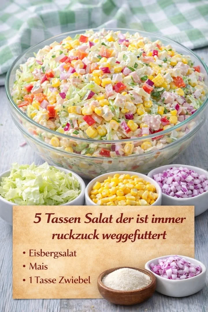 Frischer 5-Cup-Salat mit buntem Gemüse und Dressing.