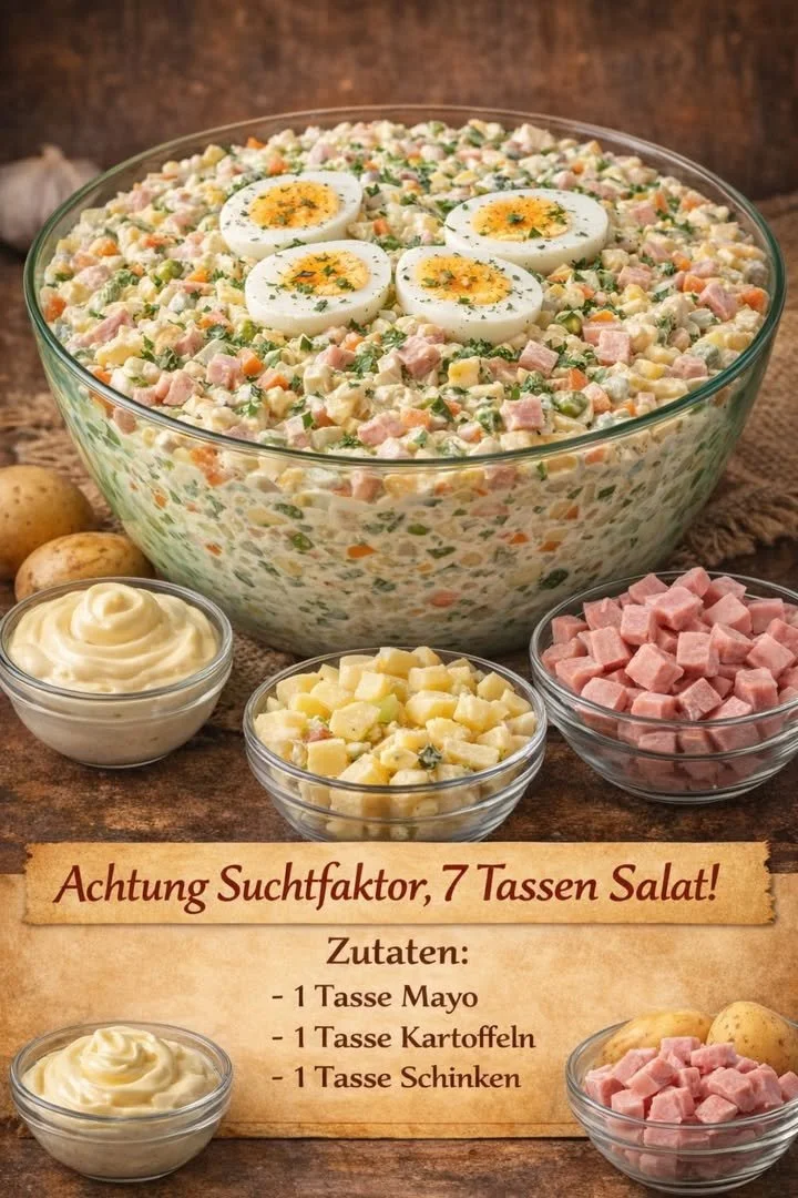 Leckerer 7-Cups-Salat mit frischen Zutaten und bunten Farben.