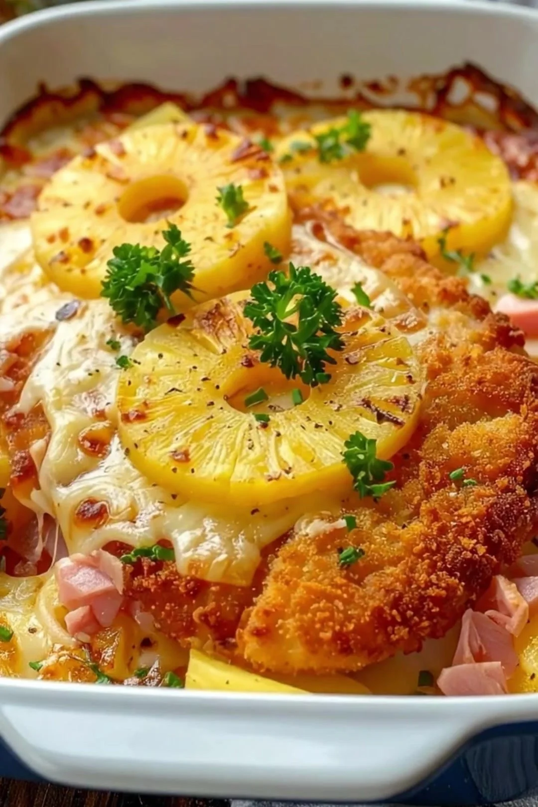 Ananas-Schinken-Schnitzel mit Käse überbacken auf einem Teller serviert