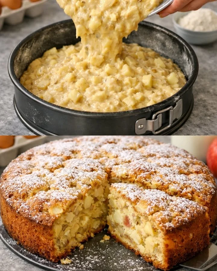Apfel-Haferflocken-Kuchen auf einem Teller serviert, dekoriert mit frischen Äpfeln