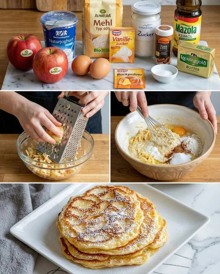 Apfel-Joghurt-Pfannkuchen auf einem Teller mit frischen Äpfeln