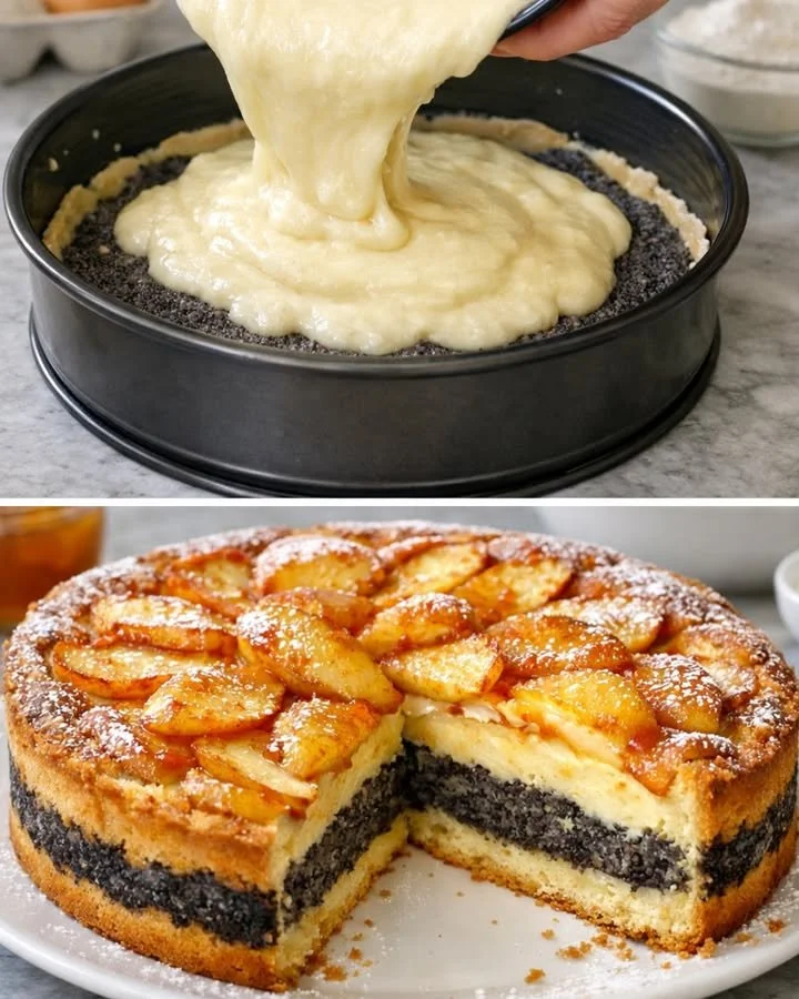 Apfel Mohn Kuchen mit Vanillecreme auf einem Teller serviert