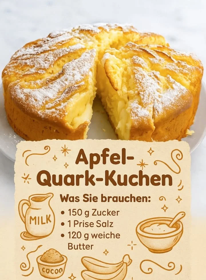 Apfel-Quark-Kuchen mit frischen Äpfeln und Quark, serviert auf einem Teller.