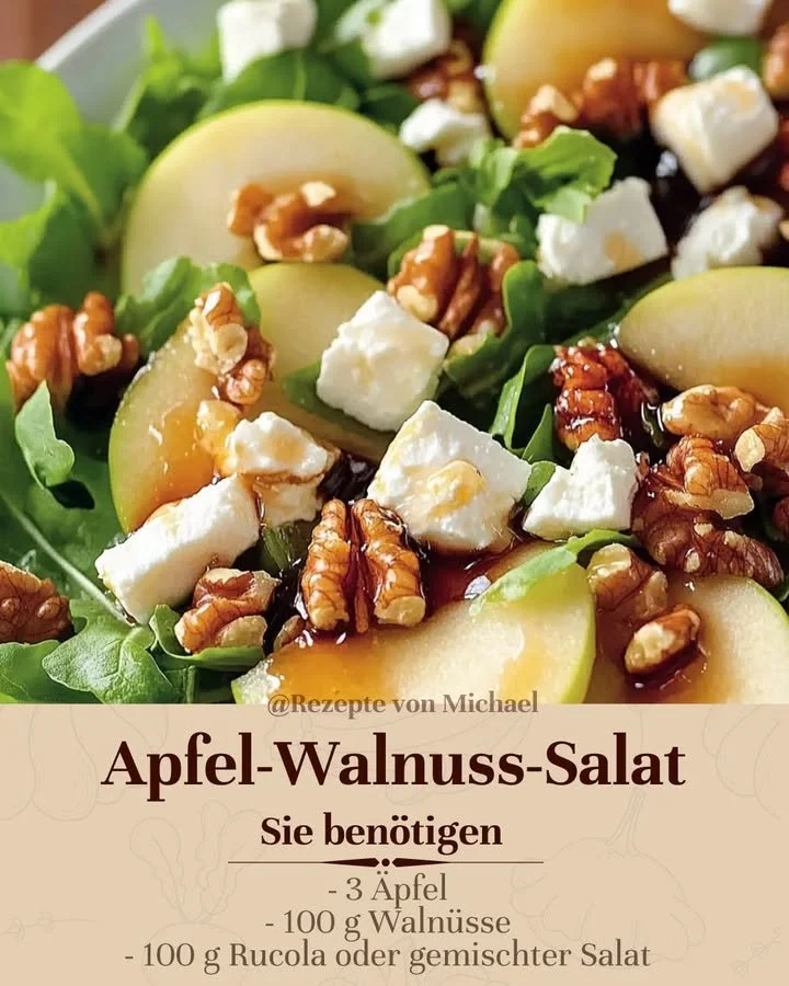Frischer Apfel-Walnuss-Salat in einer Schüssel garniert mit Walnüssen