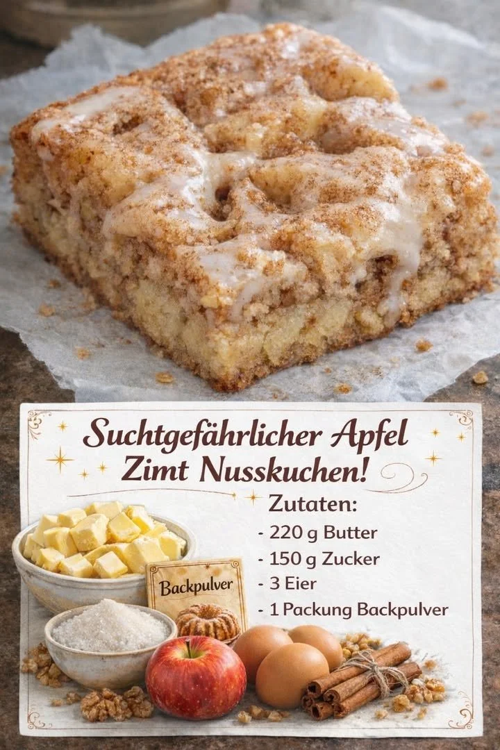 Apfel-Zimt-Nusskuchen auf einem Teller, perfekt zum Genießen und Teilen.