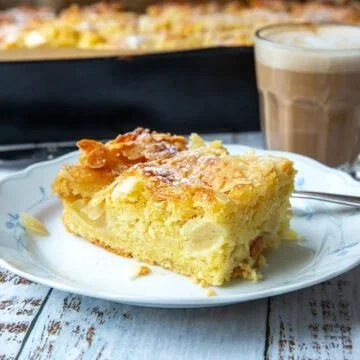 Leckerer Apfelblechkuchen frisch gebacken auf einem Blech