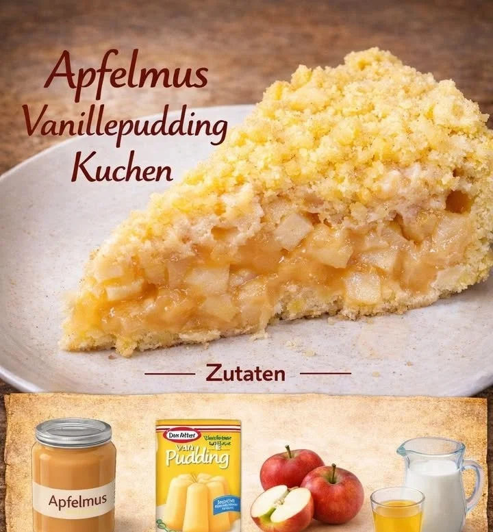 Apfelmus Vanillepudding Kuchen auf einem Teller serviert