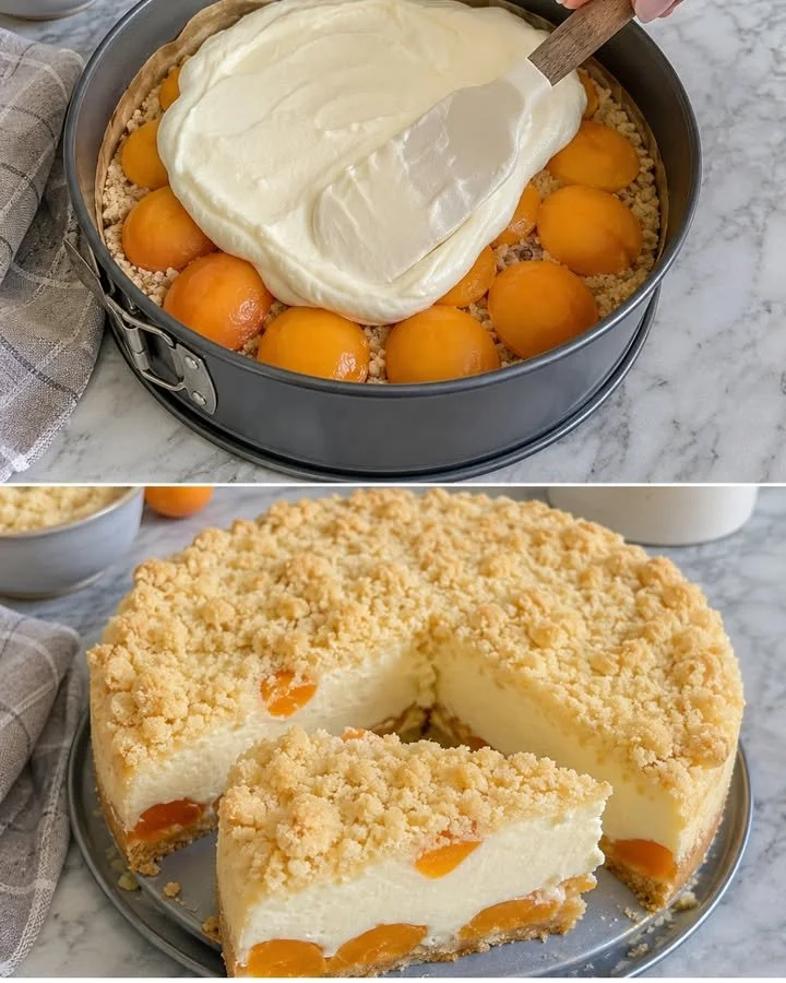 Leckerer Aprikosen-Quarkkuchen auf einem Teller