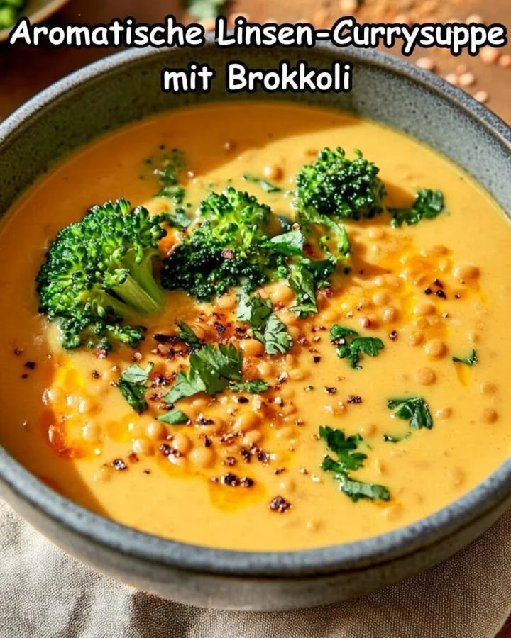 Aromatisches Linsencurry mit Brokkoli in einer Schüssel serviert.