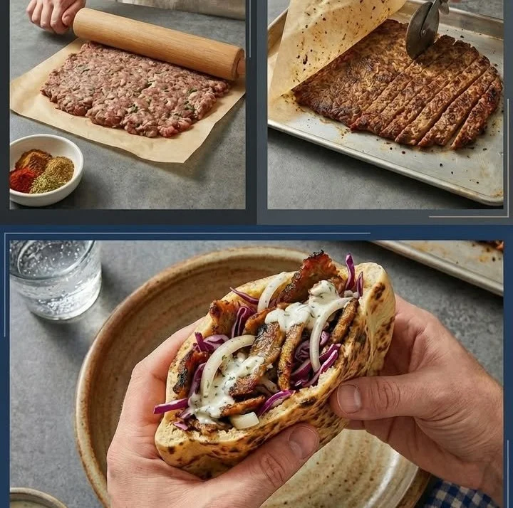 Frischer Backpapier-Döner serviert auf einem Teller mit Gemüse und Soße.