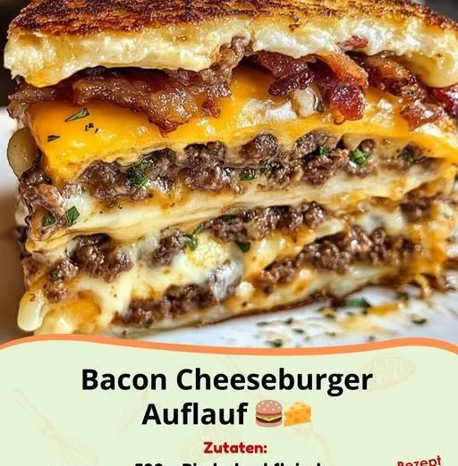 Bacon-Cheeseburger-Auflauf mit Käse und Bacon in einer Auflaufform