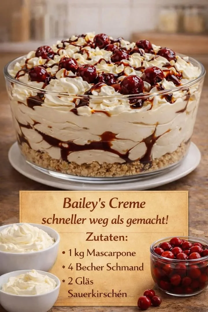 Baileys Creme in einem Glas mit Schokoladendekoration und Sahne
