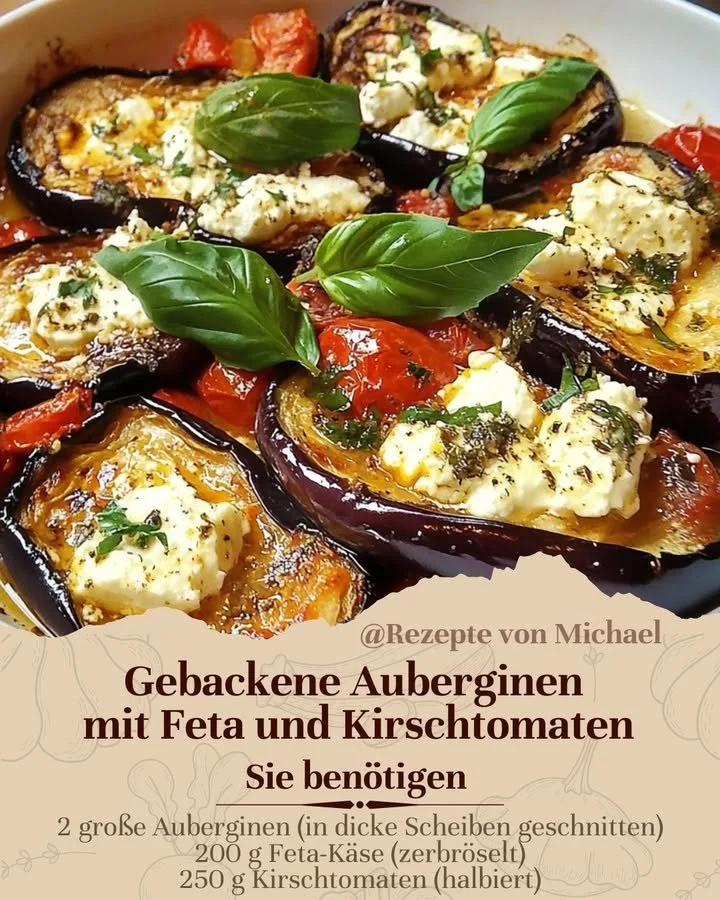 Baked Eggplant with Feta and Cherry Tomatoes on a plate