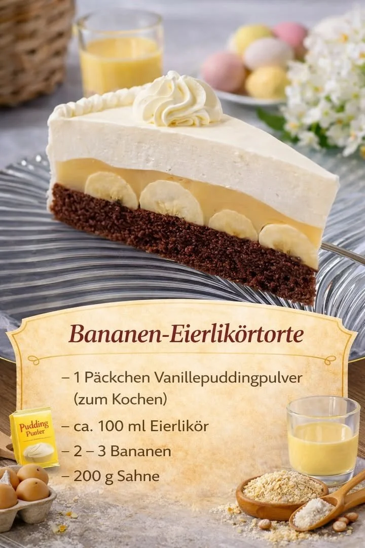 Bananen Eierlikörtorte mit einem Stückchen auf einem Teller präsentiert.