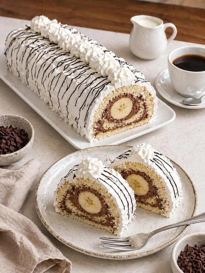 Bananensplit-Rolle mit frischen Bananen und Sahne