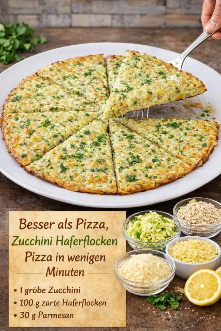 Zucchini-Pizza mit Haferflocken auf einem Backblech, gesund und lecker.