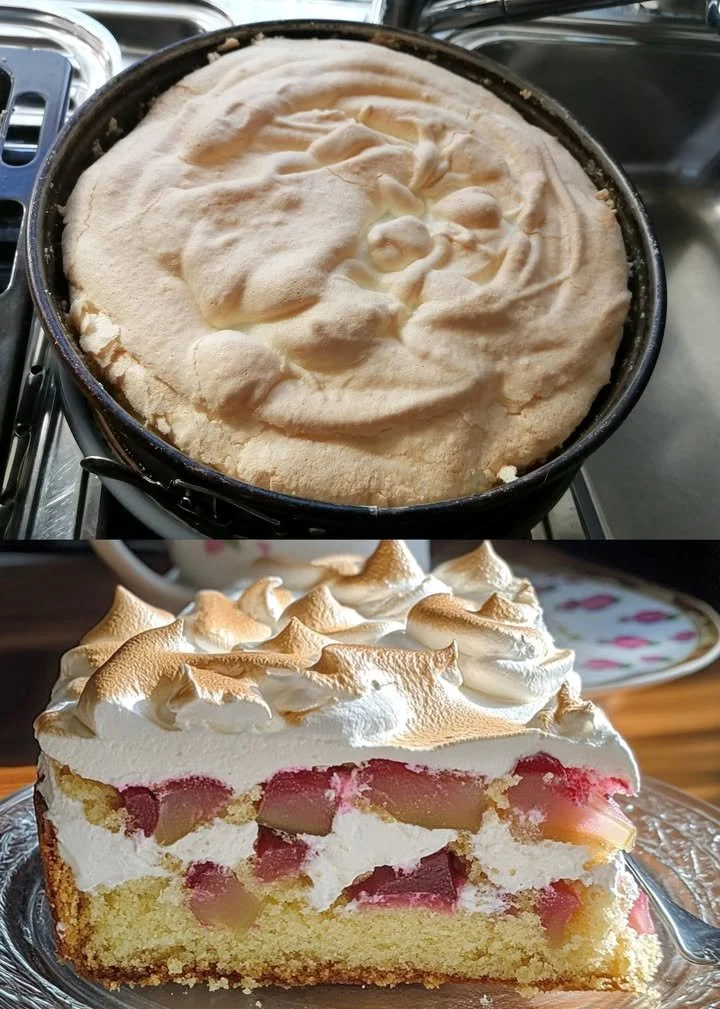 Leckere Rhabarber-Baiser-Torte auf einem Teller