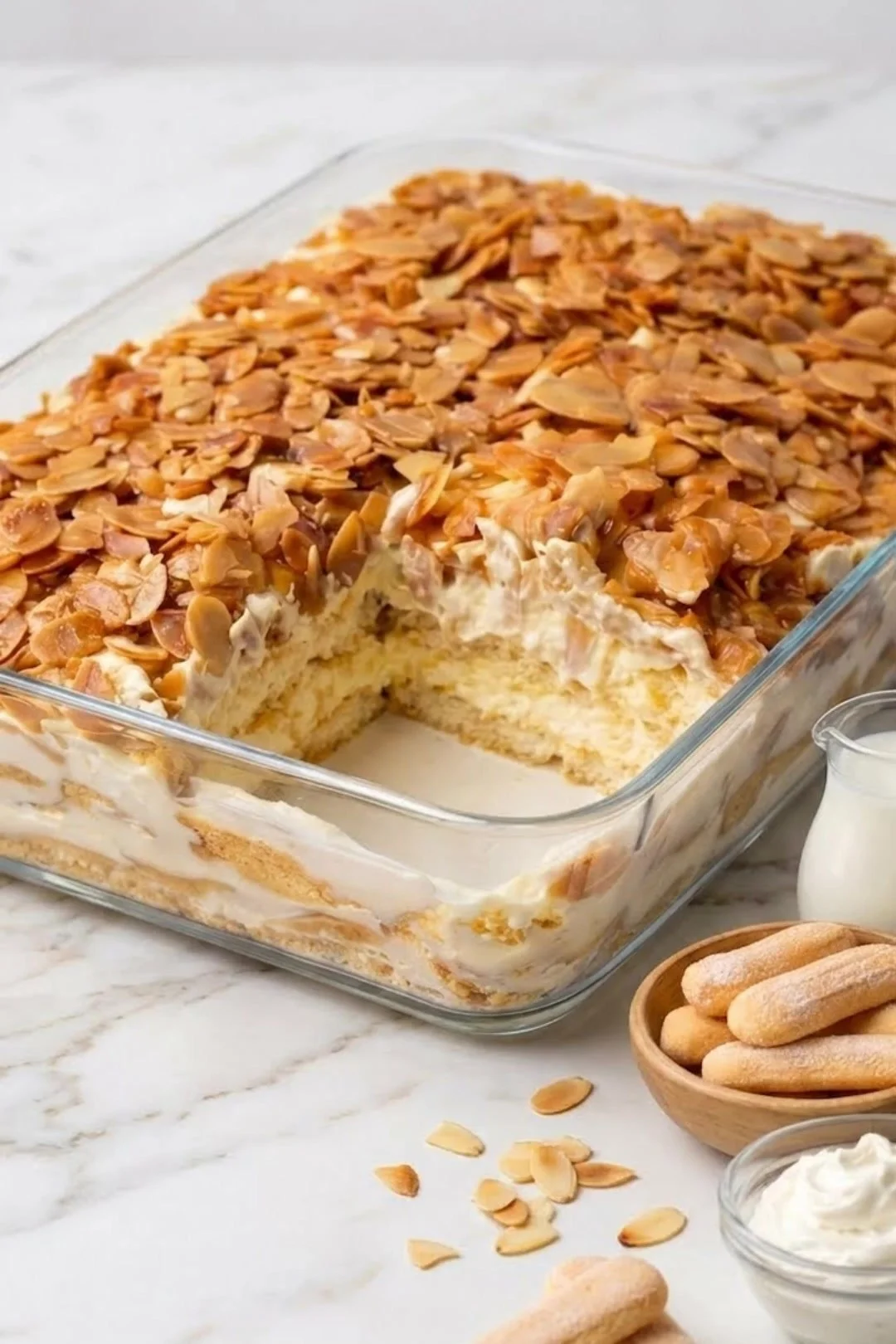 Bienenstich-Tiramisu mit Sahne und Mandeln auf einem Teller
