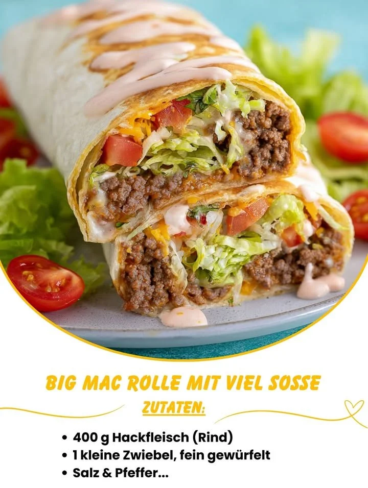 Big Mac Rolle mit viel Soße auf einem Teller serviert
