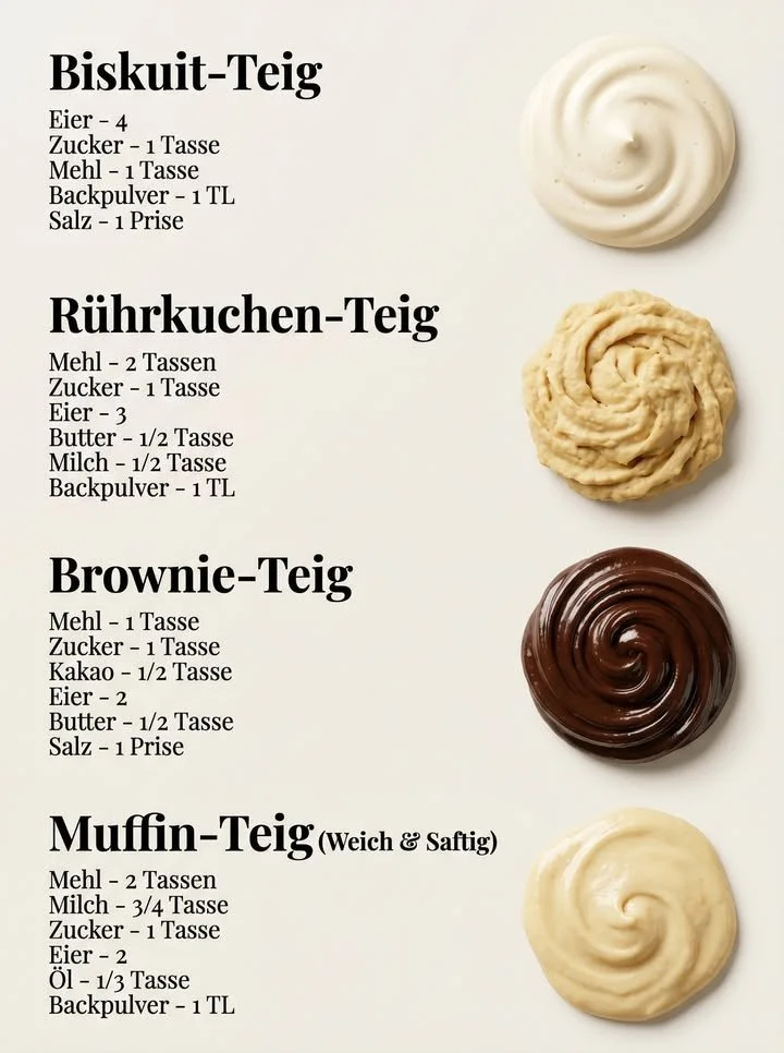 Verschiedene Backrezepte wie Biskuit, Rührkuchen, Brownies und Muffins