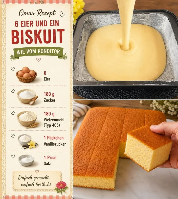 Leckerer Biskuitkuchen mit frischer Frucht und Sahne dekoriert.