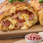 Blätterteig Calzone gefüllt mit Salami und Käse, appetitlich angerichtet.