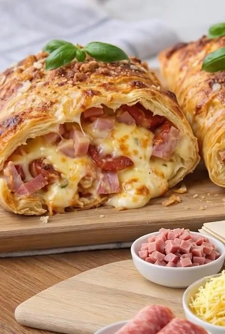 Blätterteig Calzone gefüllt mit Salami und Käse, appetitlich angerichtet.