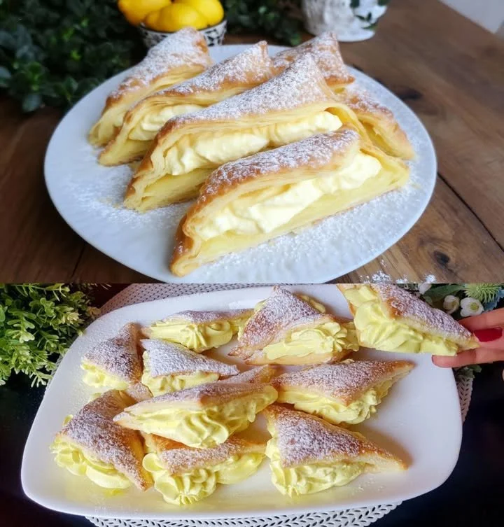 Blätterteig-Mascarpone-Taschen auf einem Teller, frisch gebacken