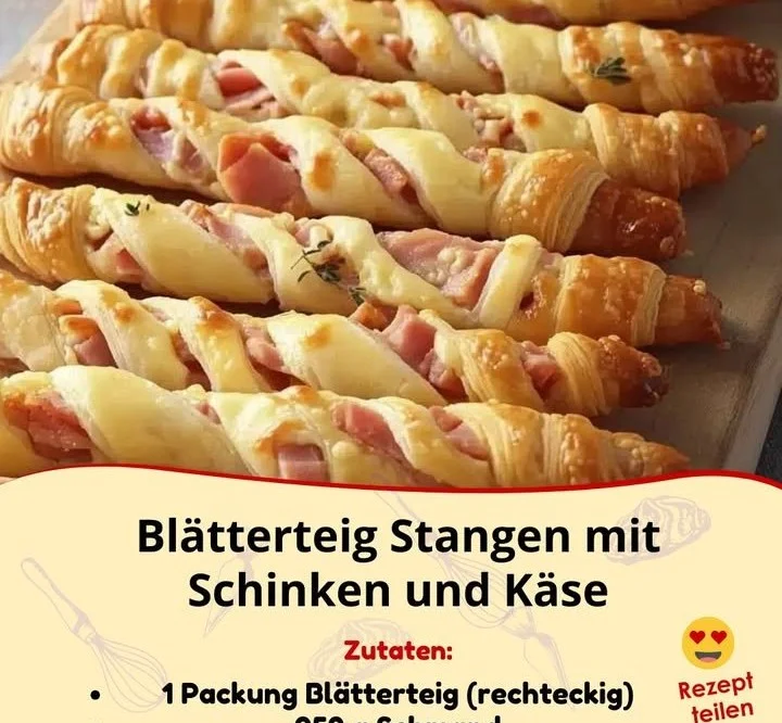 Blätterteig Stangen mit Schinken und Käse auf einem Teller