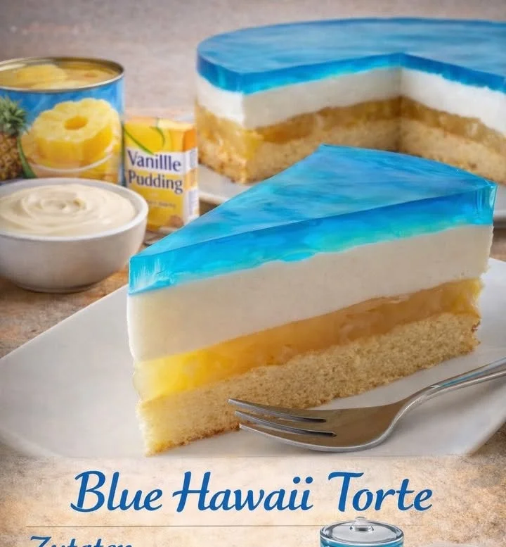 Blaue Hawaii Torte mit tropischen Früchten und buntem Topping