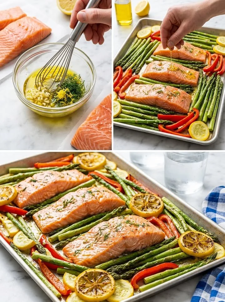 Blech-Lachs mit Zitrone und buntem Gemüse auf einem Backblech