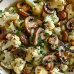 Blumenkohl Champignons Pfanne mit Knoblauch auf einem Teller serviert.