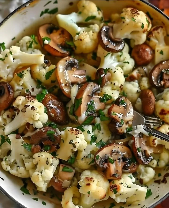 Blumenkohl Champignons Pfanne mit Knoblauch auf einem Teller serviert.